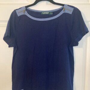 Lauren Ralph Lauren Women's Blue Short Sleeve Top - Zipper Accents - Size XL